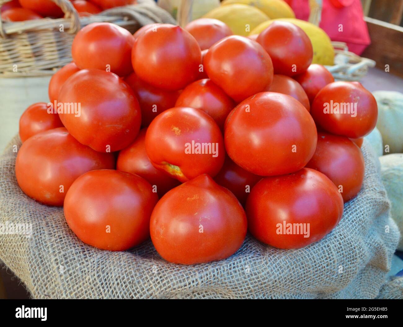 Red ripe beefsteak tomatoes for sale at a local farmstand. Closeup. Stock Photo
