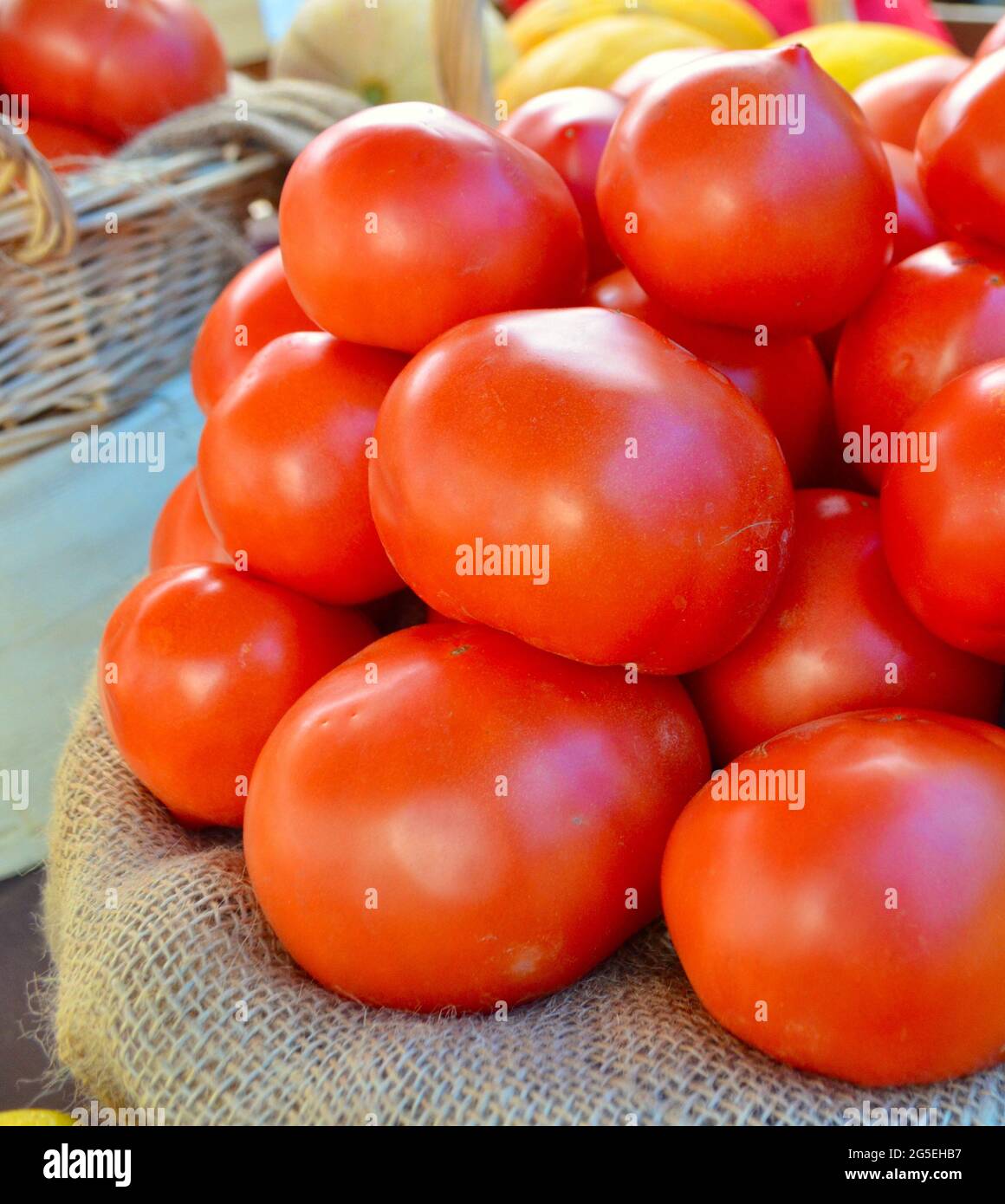 Red ripe beefsteak tomatoes for sale at a local farmstand. Closeup. Stock Photo
