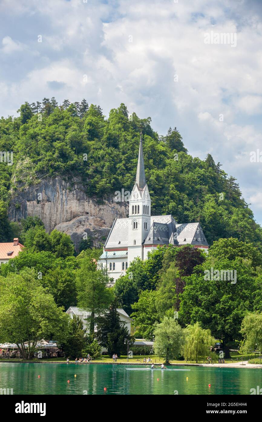 Picture of the bled lake and the church saint martin in Bled, Slovenia. St. Martin's Parish Church in Bled (northwestern Slovenia) is the parish churc Stock Photo