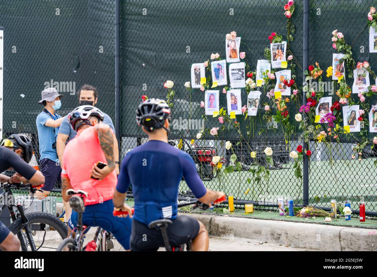 Miami Beach Surfside, FL, USA - June 26, 2021: Photo wall of the lost or missing people from the Champlain Towers collapse on June 24 2021 Stock Photo