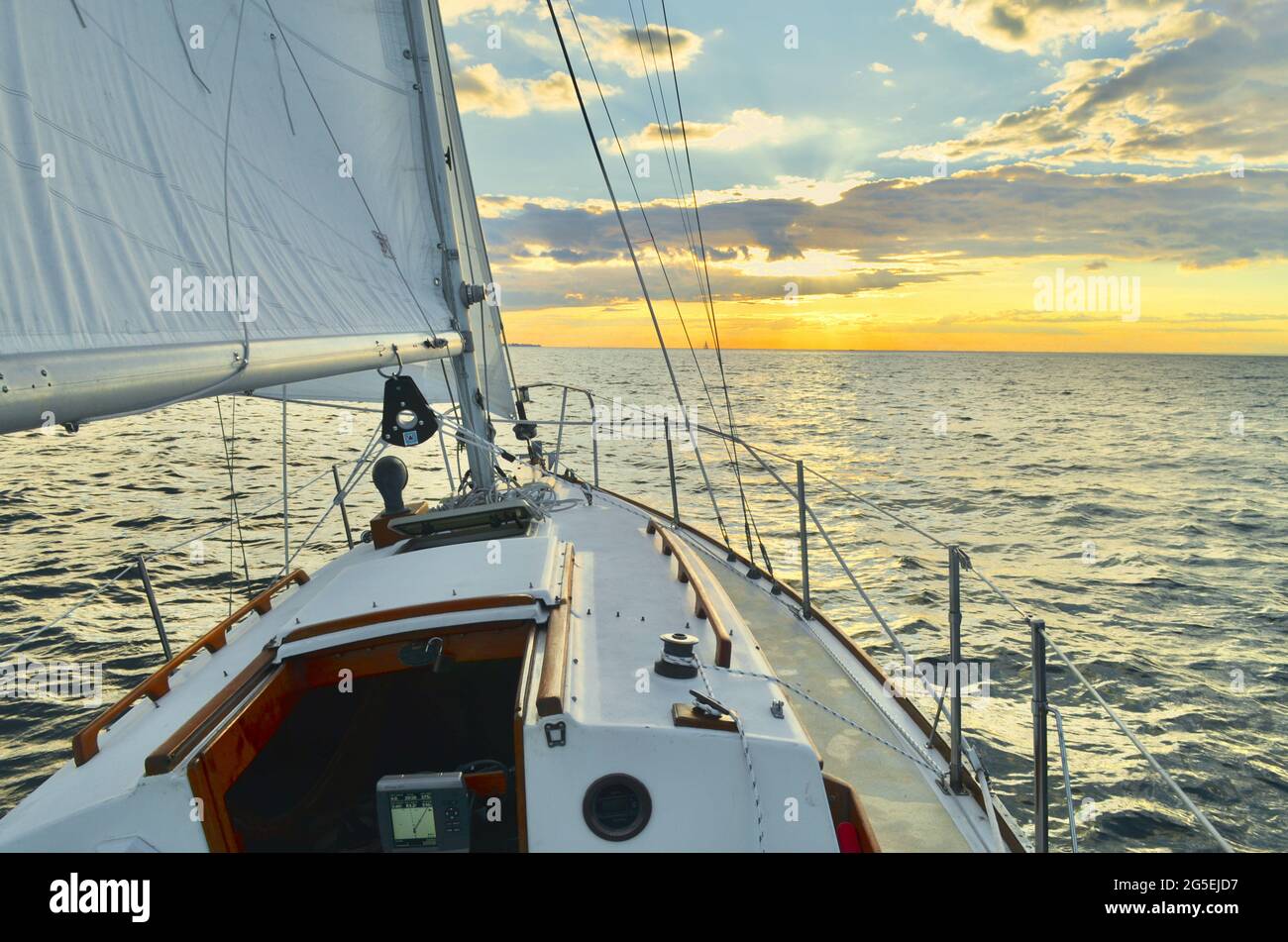 Sailing on a starboard tack looking west on the Long Island Sound. Port Jefferson, New York. Copy space. Stock Photo