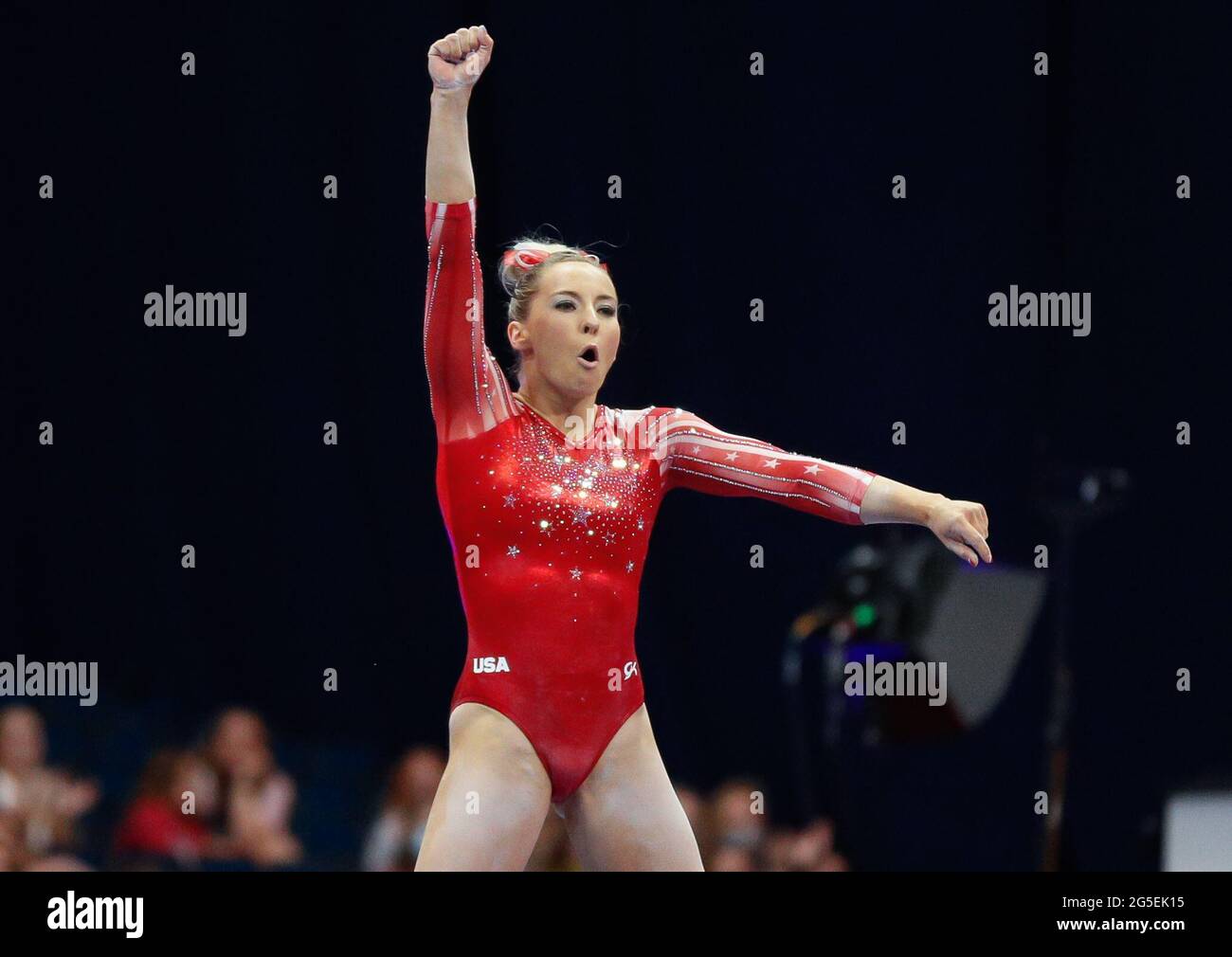 June 25, 2021: MyKayla Skinner celebrates her beam landing during Day 1 of the 2021 U.S. Women's Gymnastics Olympic Team Trials at the Dome at America's Center in St. Louis, MO. Kyle Okita/CSM Stock Photo