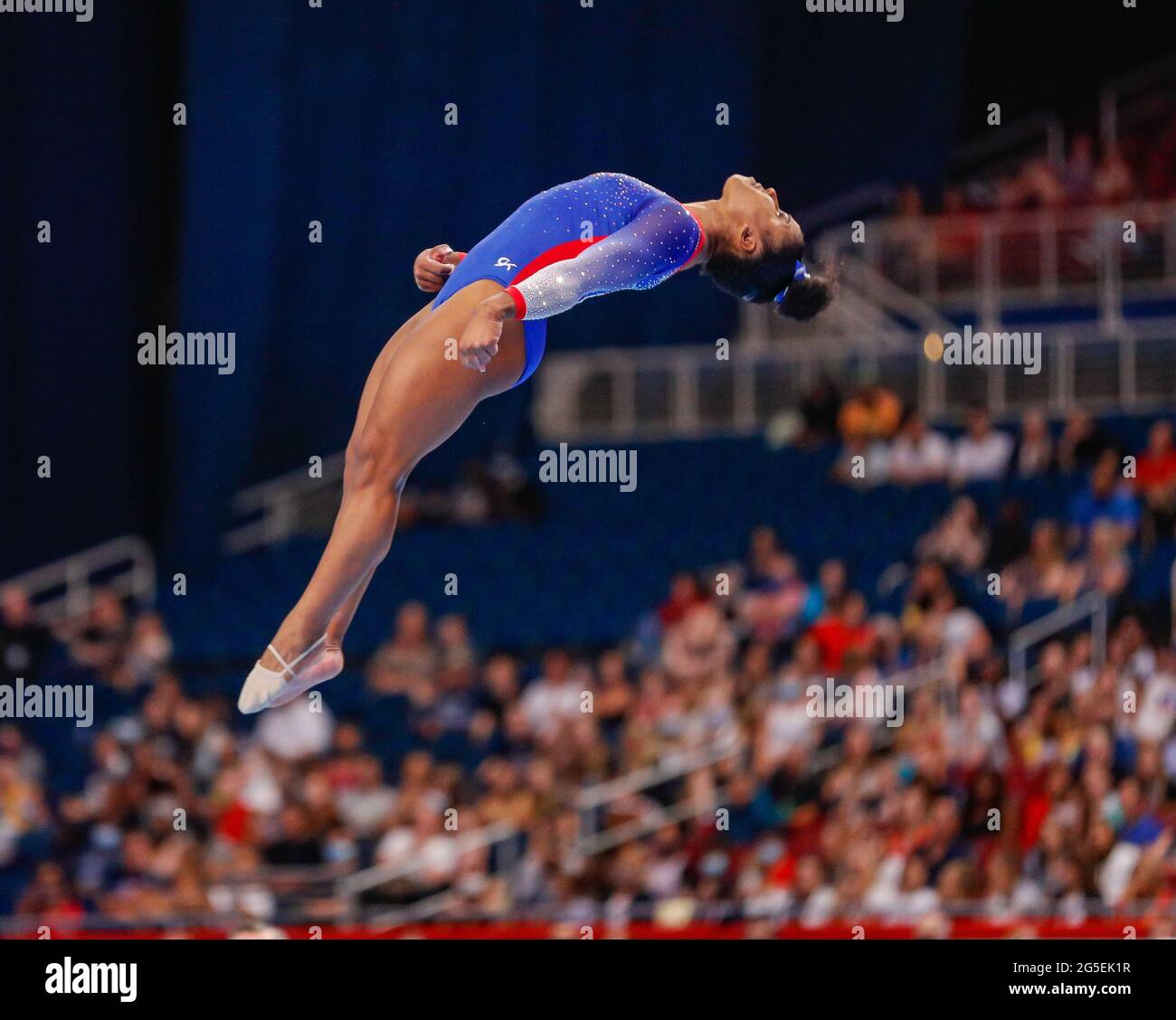 June 25, 2021 Jordan Chiles flips in the air during her floor routine
