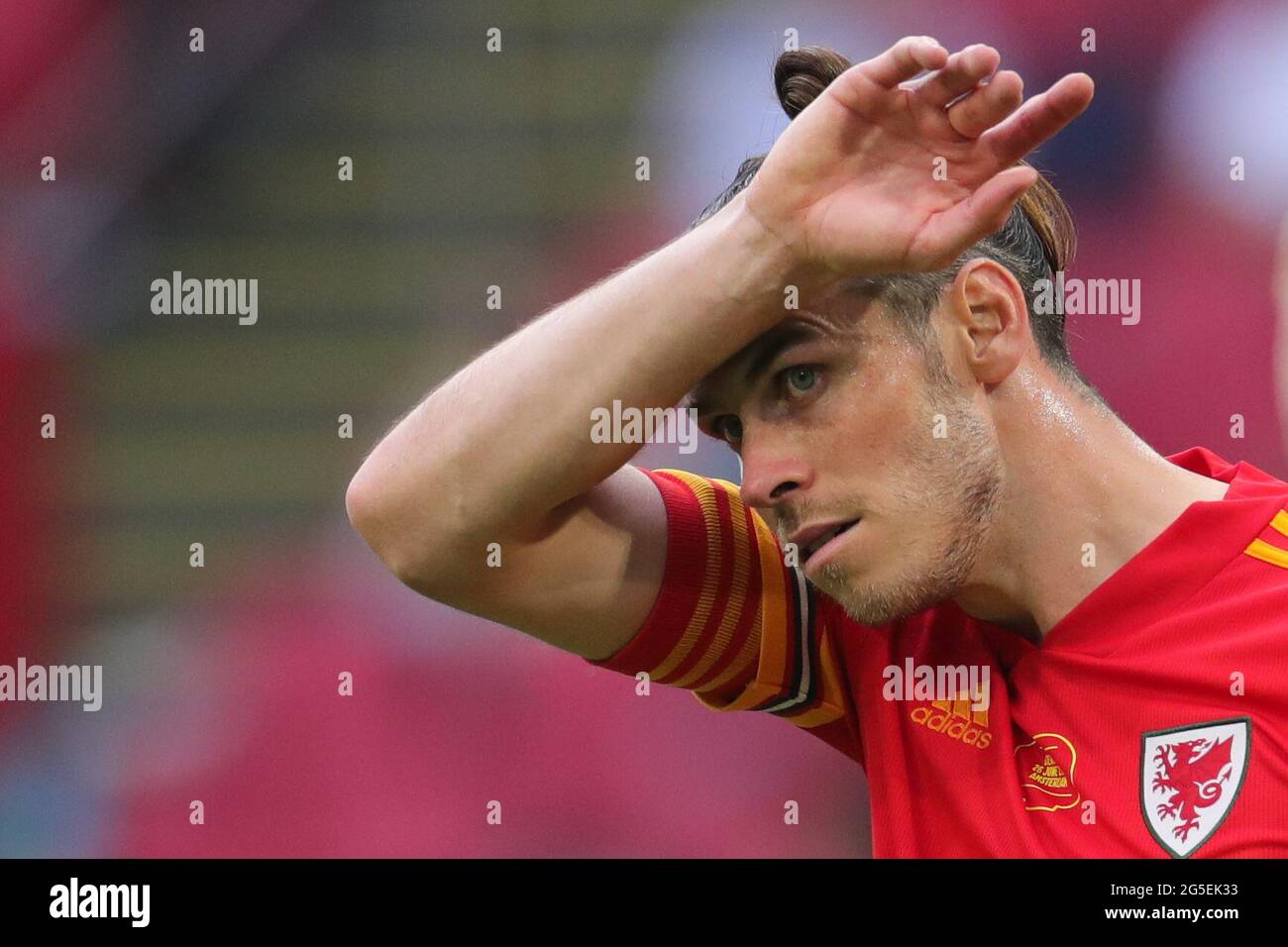 Amsterdam, Netherlands. 26th June, 2021. Gareth Bale of Wales looks dejected during the UEFA Euro 2020 Championship Round of 16 match between Wales and Denmark at Johan Cruijff ArenA in Amsterdam, the Netherlands, June 26, 2021. Credit: Zheng Huansong/Xinhua/Alamy Live News Stock Photo