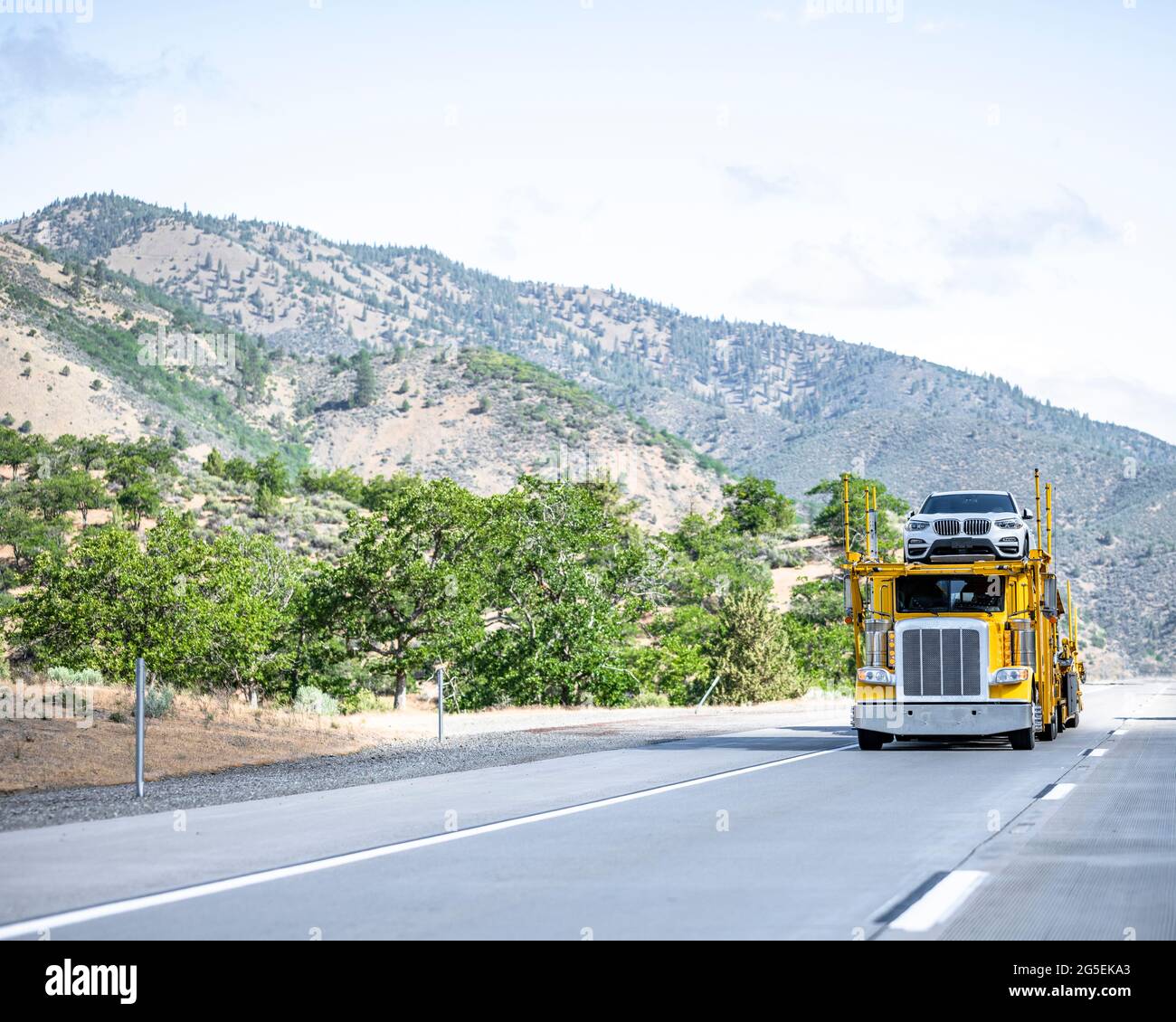 Yellow professional industrial big rig car hauler semi truck transporting cars on the modular semi trailer running on the road with bald mountains of Stock Photo