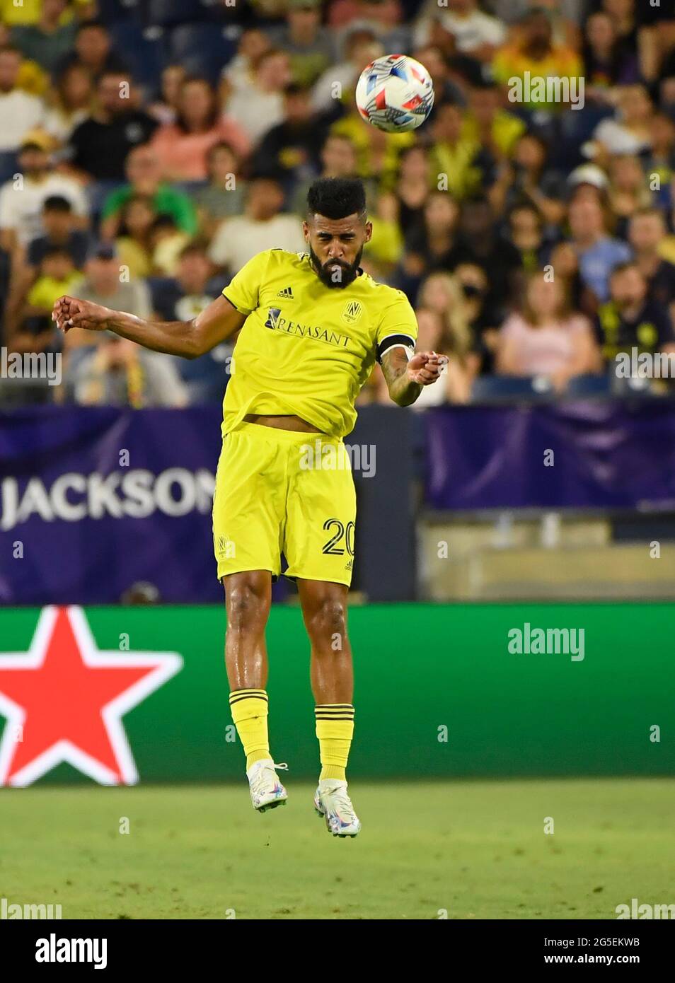 June 26, 2021: Nashville SC midfielder Anibal Godoy (20) heads the ball against the CF MontrŽal during the second half of an MLS game between CF Montreal and Nashville SC at Nissan Stadium in Nashville TN Steve Roberts/CSM Stock Photo