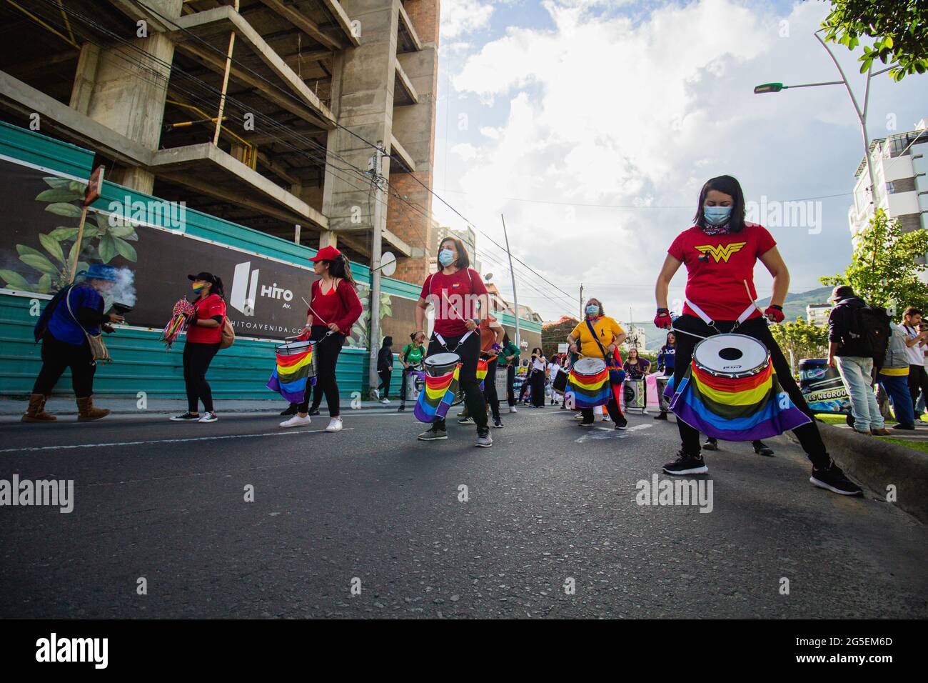 Members of an LGTBQ batucada drum group participate during the annual celebreation of the Pride Parade in demand of LGTBQ rights in Colombia in Pasto, Narino - Colombia on June 25, 2021. Stock Photo