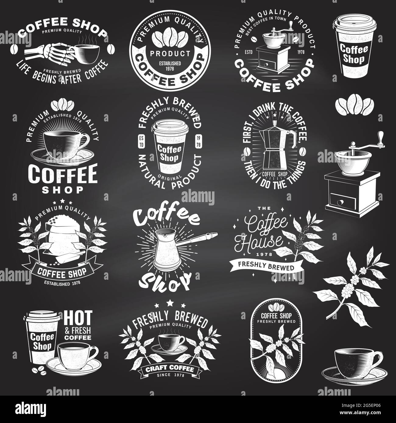 Set of Coffe shop logo, badge template on the chalkboard. Vector. Typography design with coffee grinder and coffee maker silhouette. Template for menu Stock Vector