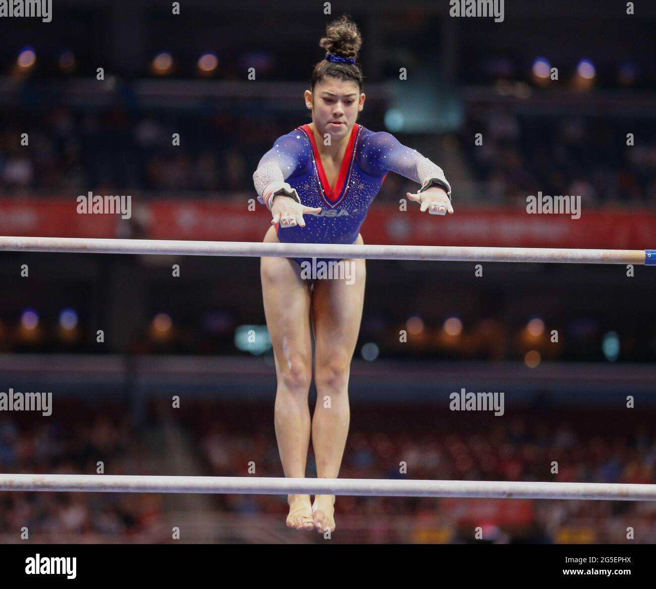 June 25, 2021: Kayla DiCello executes a release move on the bars during Day 1 of the 2021 U.S. Women's Gymnastics Olympic Team Trials at the Dome at America's Center in St. Louis, MO. Kyle Okita/CSM Stock Photo
