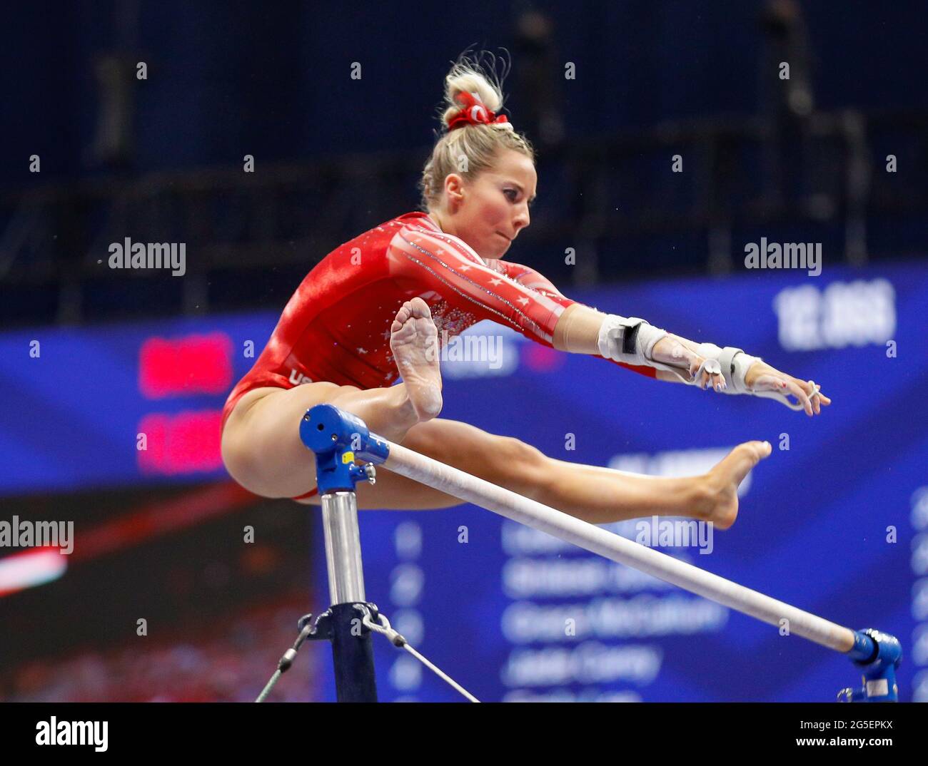 June 25, 2021: MyKayla Skinner performs on the uneven parallel bars during Day 1 of the 2021 U.S. Women's Gymnastics Olympic Team Trials at the Dome at America's Center in St. Louis, MO. Kyle Okita/CSM Stock Photo