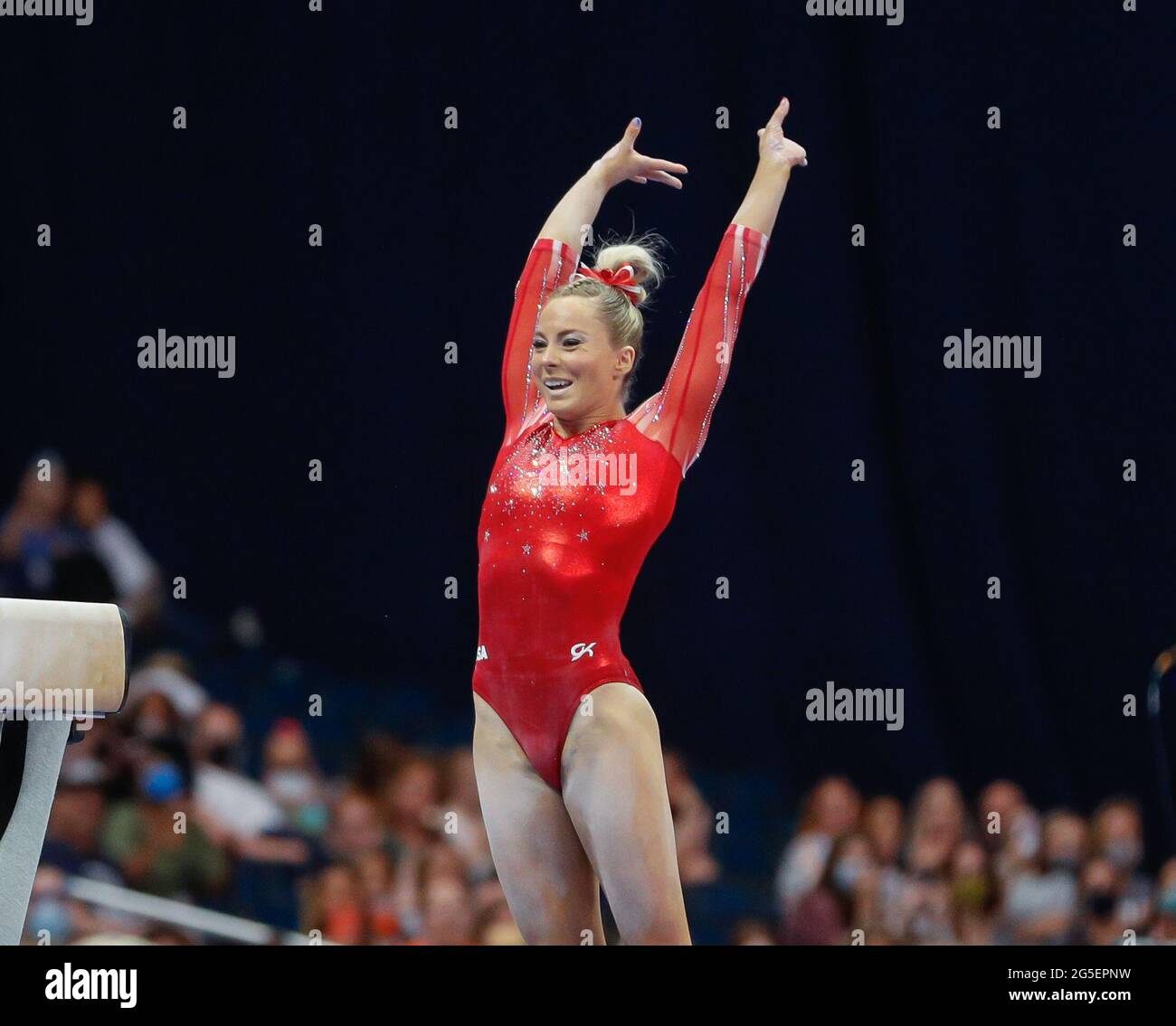 June 25, 2021: MyKayla Skinner lands her balance beam dismount during Day 1 of the 2021 U.S. Women's Gymnastics Olympic Team Trials at the Dome at America's Center in St. Louis, MO. Kyle Okita/CSM Stock Photo