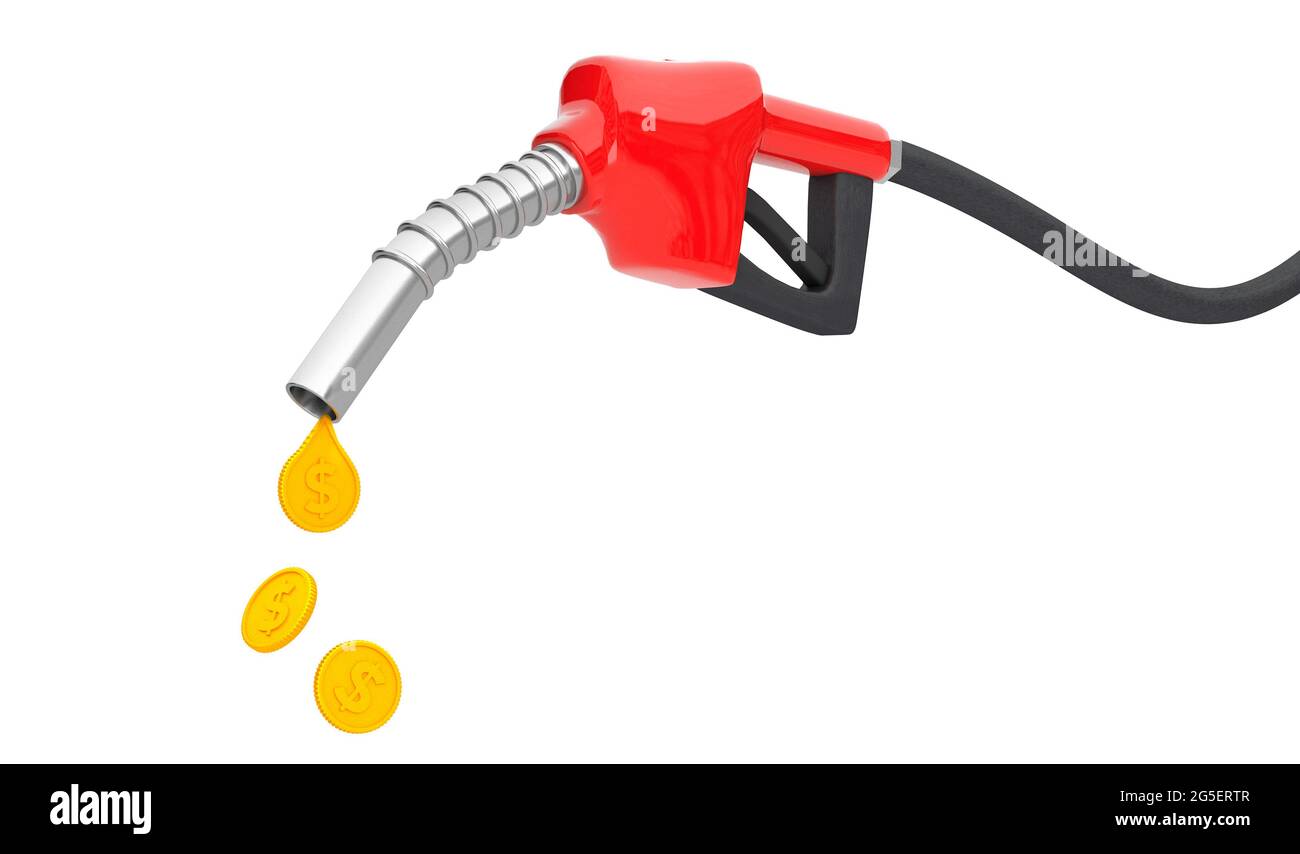 Fuel pump with a drop of gold coins. The concept of an expensive fuel