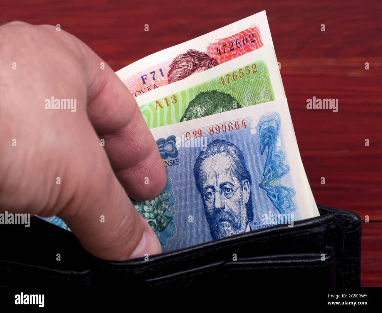Czechoslovak koruna in the black wallet Stock Photo