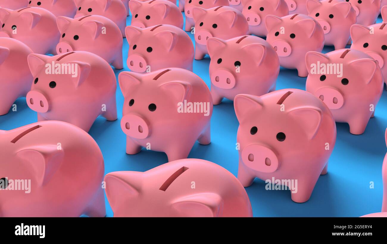 Crowd of pink piggy banks on a blue background. 3d render Stock Photo ...