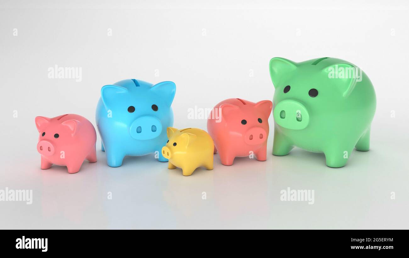 Different piggy banks. Colored piggy banks of different sizes and