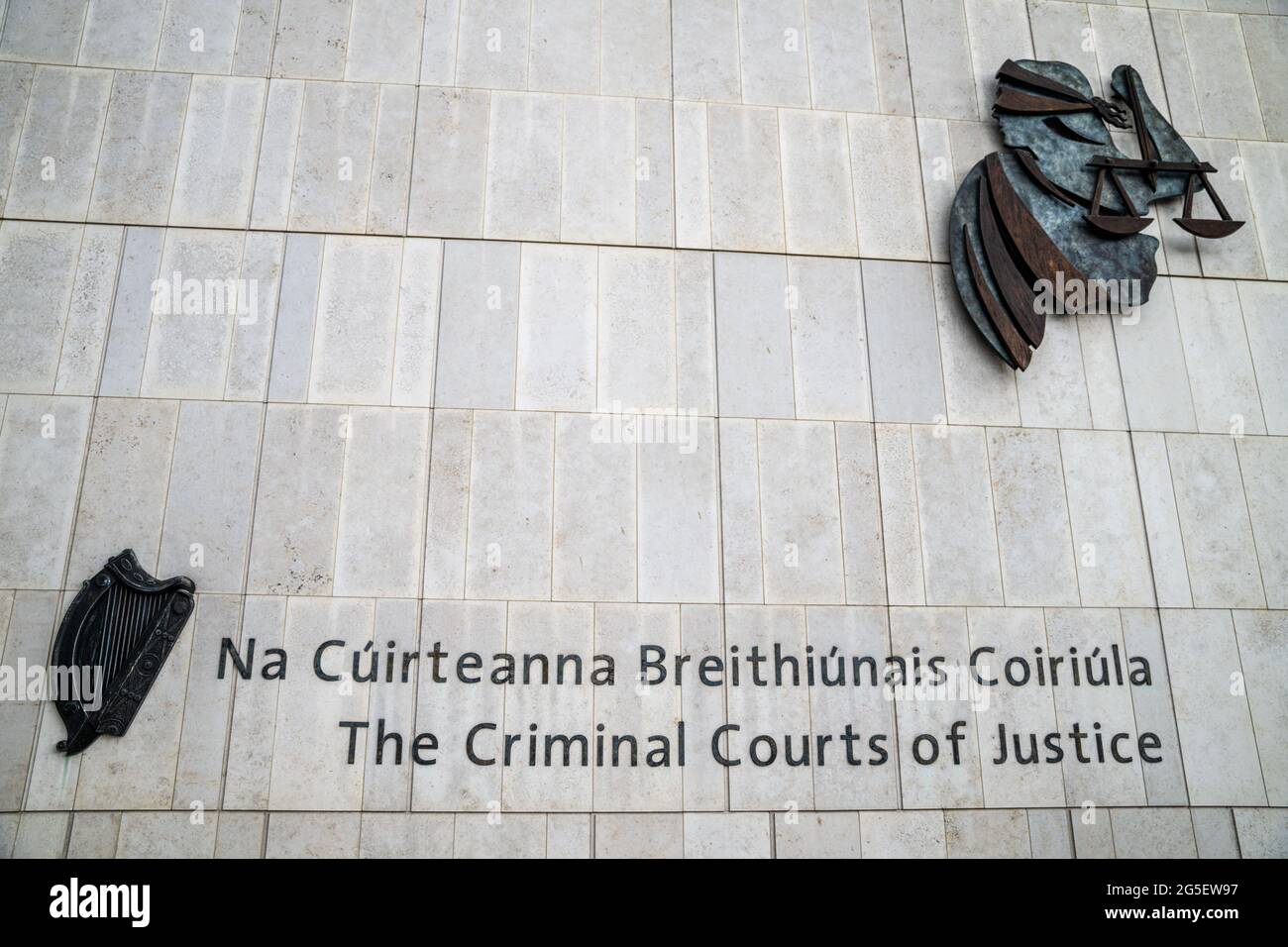 Dublin 8, Dublin City, Ireland, June 11th 2021. Signage of the Criminal Courts of Justice on Parkgate Street Stock Photo