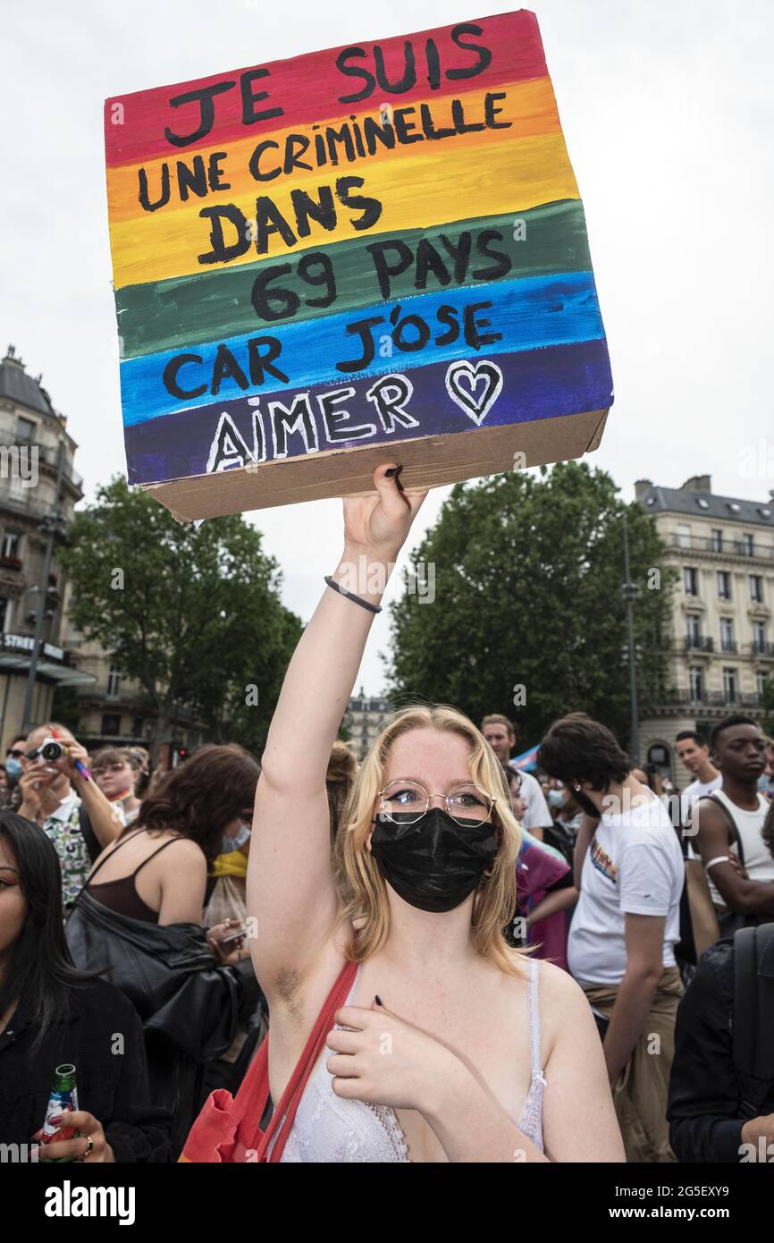 Paris Gay Pride 2021 (Marche Des Fietes) organized in front of the Church  of Pantin towards the Place de la Republique. “Our pride doesn t stop at  the perif, because the suburbs