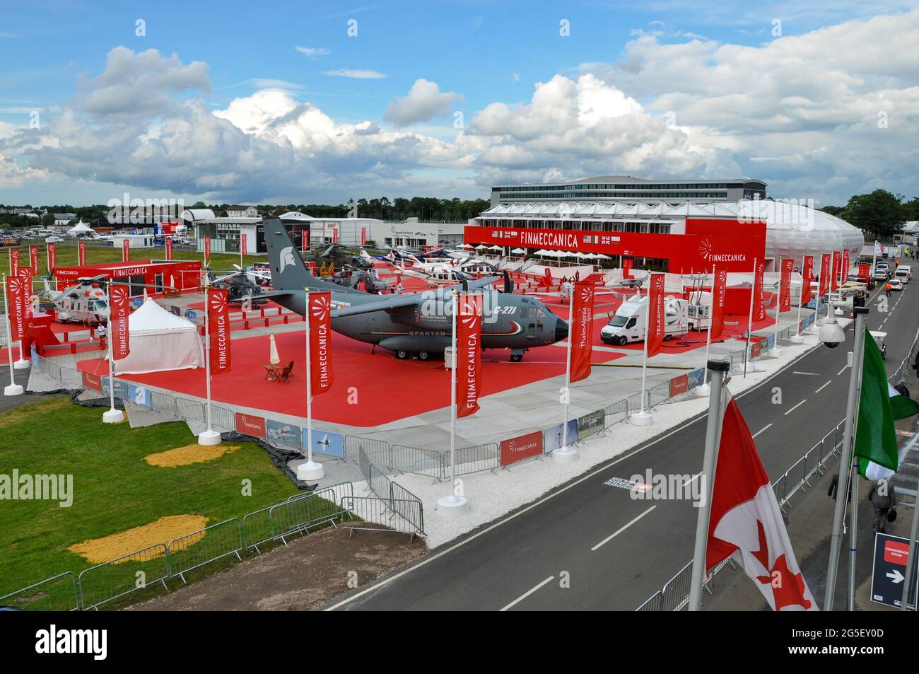 Finmeccanica sales stand at the Farnborough International Airshow trade show 2012, UK. Large exhibit area with Alenia Aermacchi, AgustaWestland brands Stock Photo