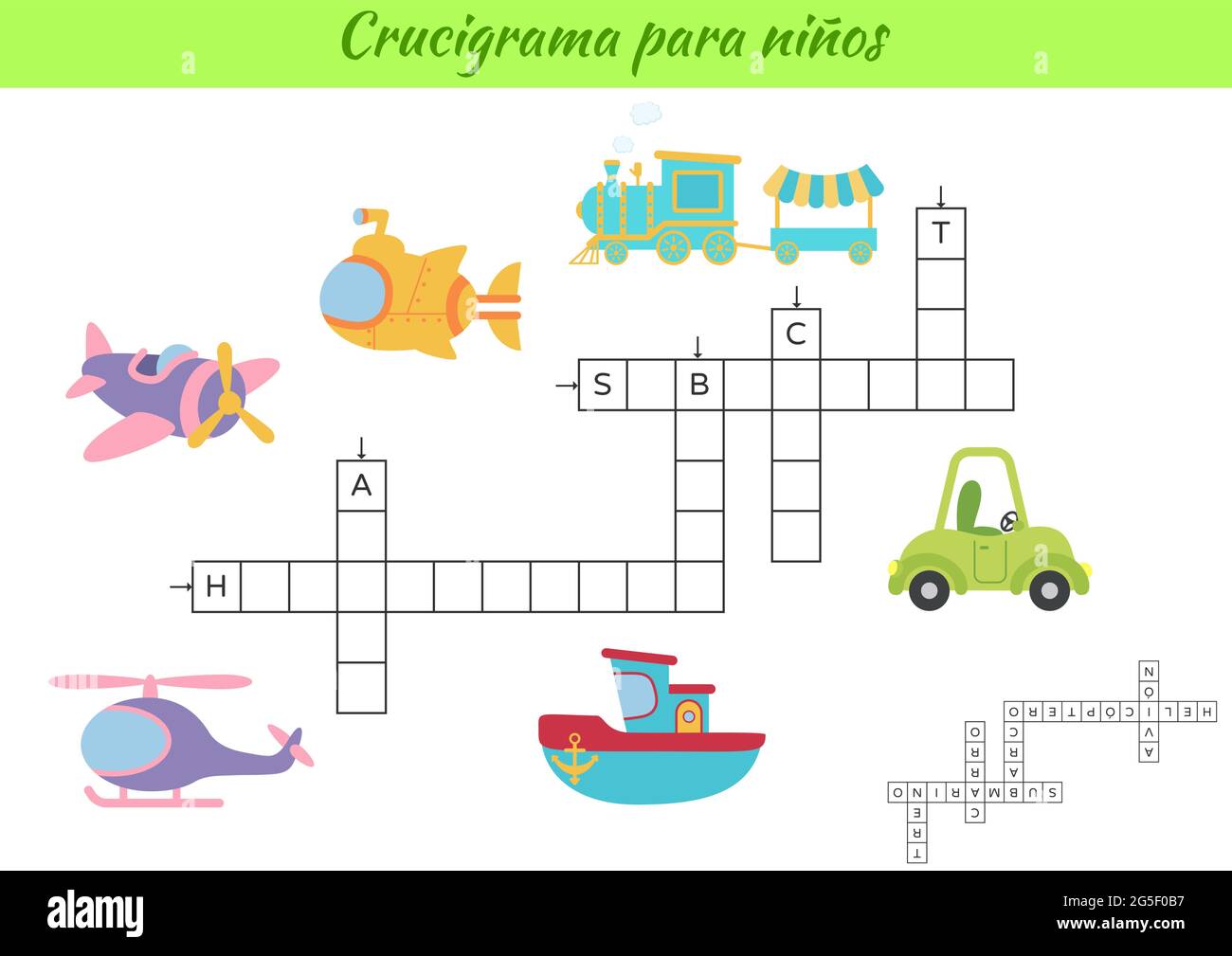 Crossword for kids in Spanish with pictures of transport. Educational game for study Spanish language and words. Children activity printable worksheet Stock Vector