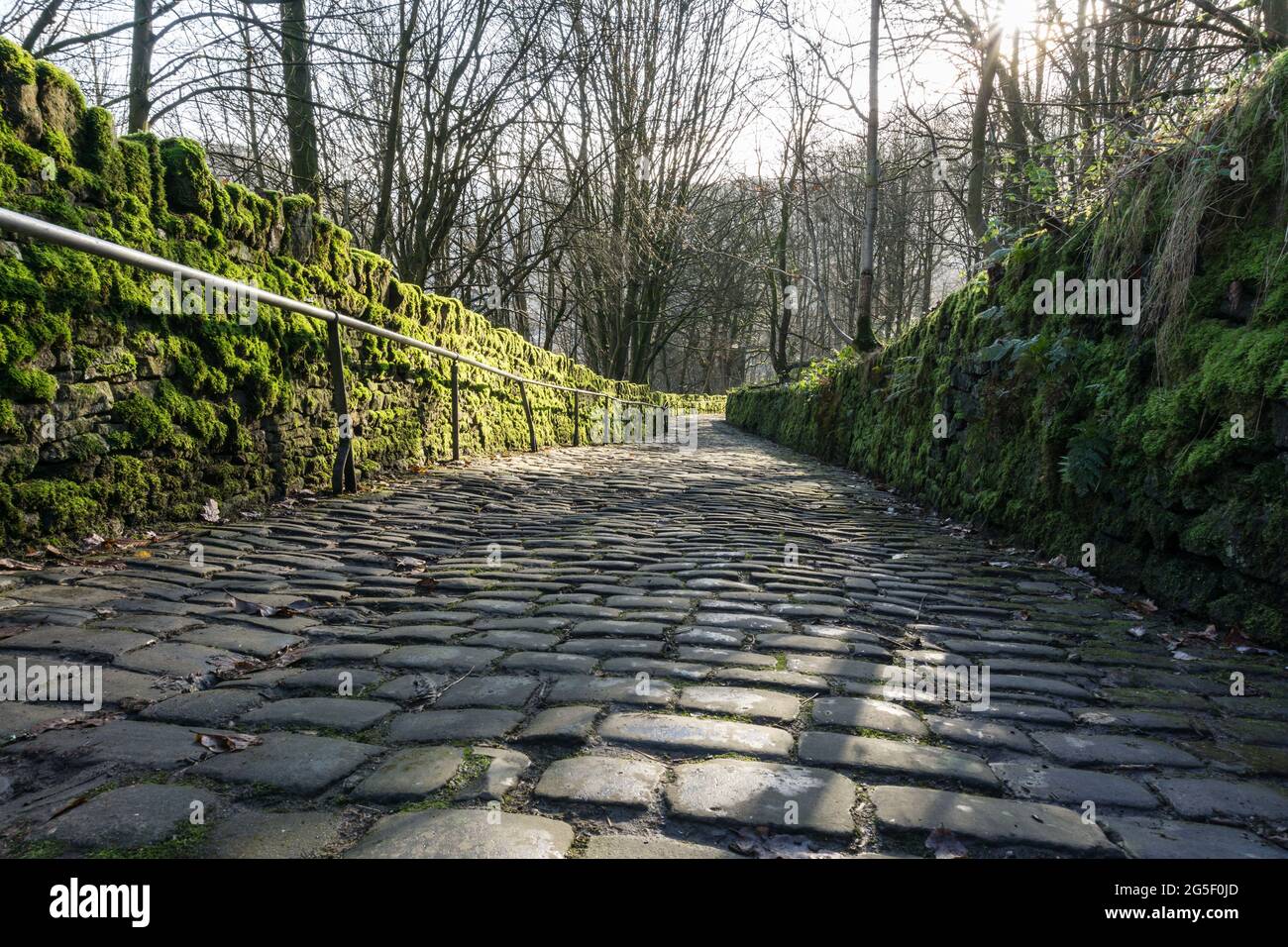 The Buttress a steep cobbled path leading from Hebden Bridge to Heptonstall Stock Photo