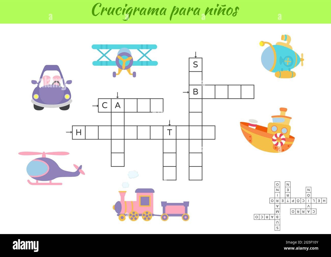 Crossword for kids in Spanish with pictures of transport. Educational game for study Spanish language and words. Children activity printable worksheet Stock Vector