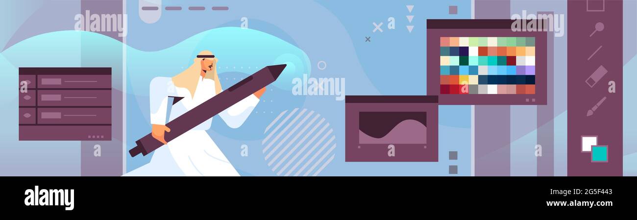 designer drawing with pen in graphic editor arabic man creating website ...
