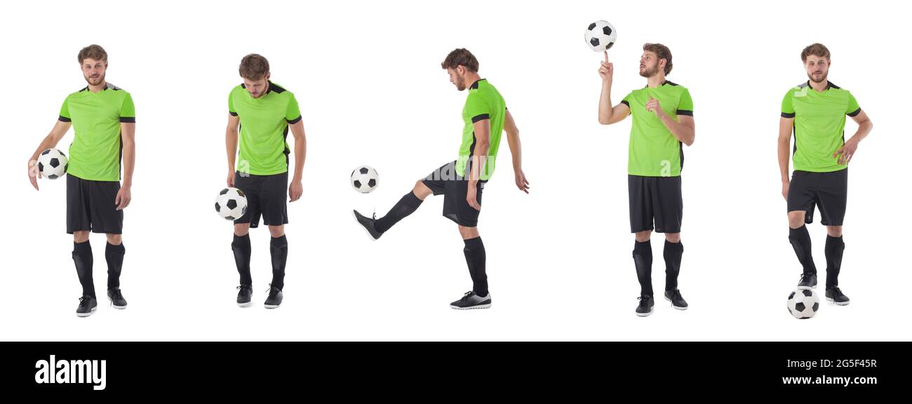 Set of Man playing football soccer isolated on white background, green jersey uniform Stock Photo