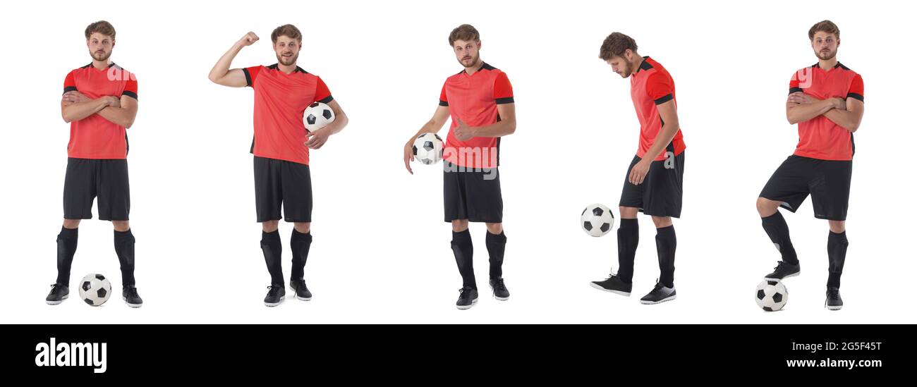 Set of Man playing football soccer isolated on white background, red jersey uniform Stock Photo