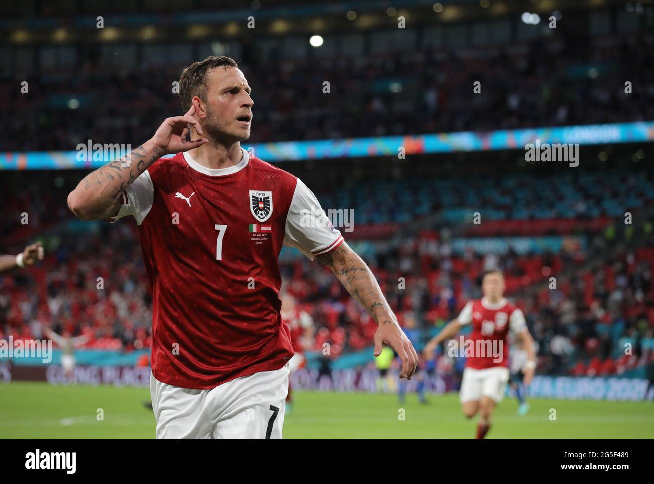 London, UK. 26th June, 2021. Marco Arnautovic (A) celebrates but his goal was ruled offside at the Italy v Austria UEFA EURO 2020 Group C match at Wembley Stadium, London, UK, on June 26, 2020. Credit: Paul Marriott/Alamy Live News Stock Photo