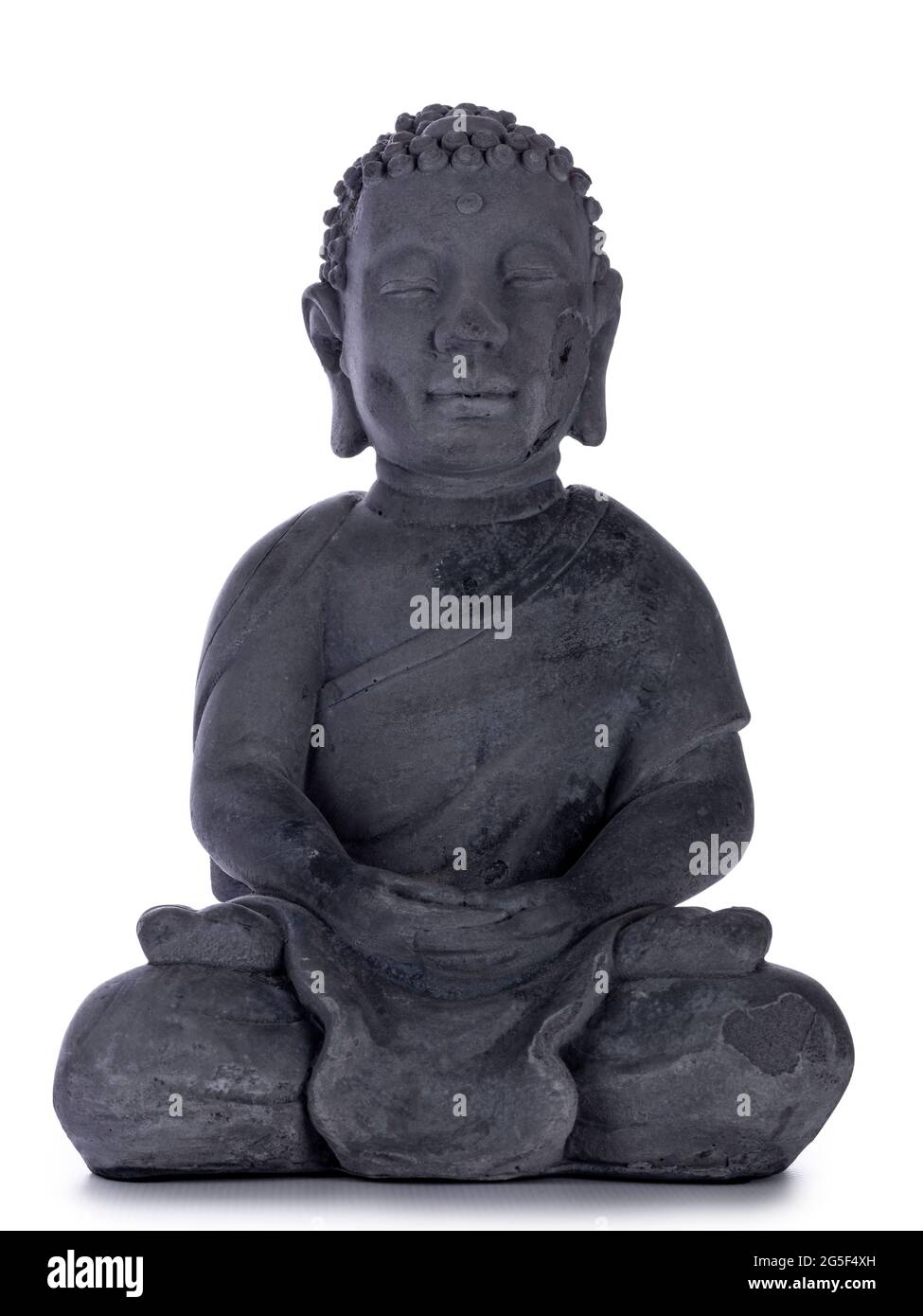Grey ceramic Buddha statue. Isolated on a white background. Stock Photo