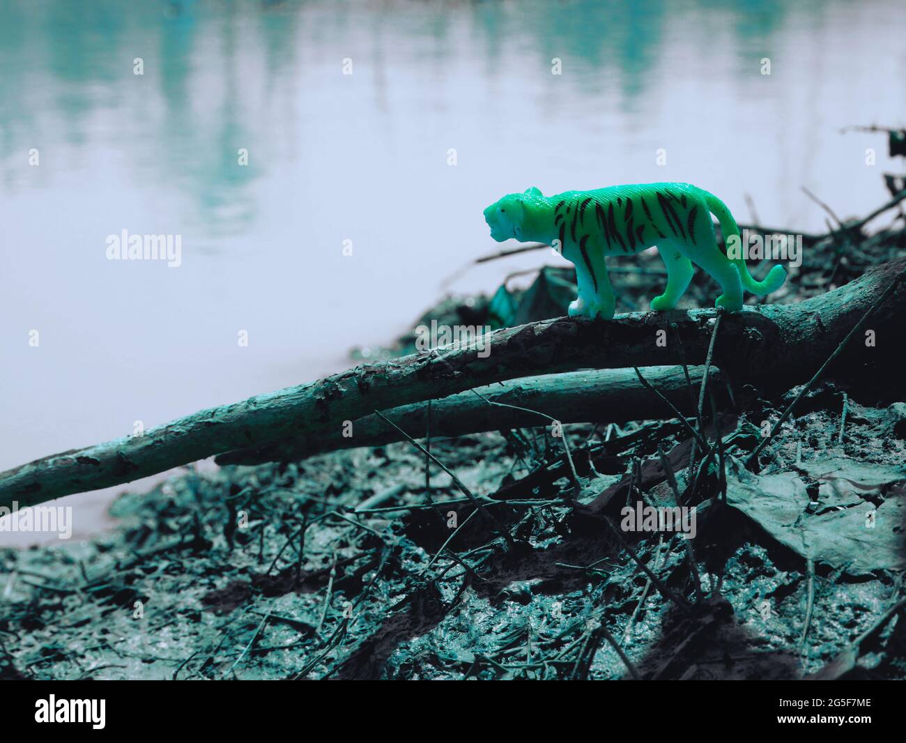 A small tiger toy of dark light color on a tree twig at riverside Stock Photo