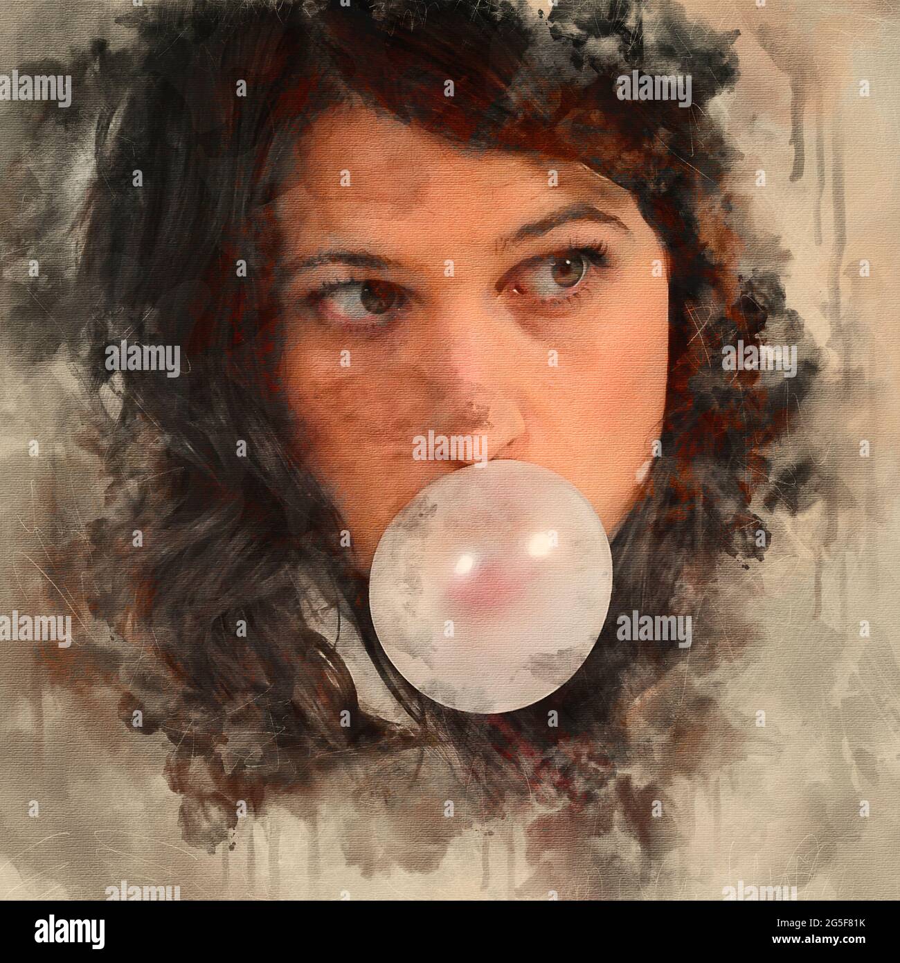 Digitally enhanced image of a young woman blows a bubble with pink ...
