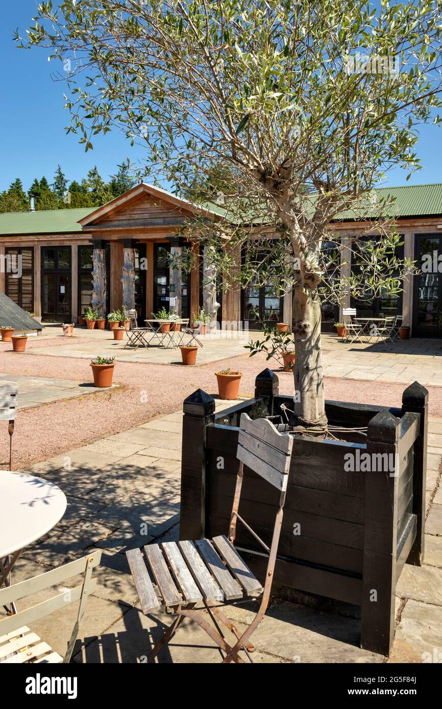 GORDON CASTLE WALLED GARDEN FOCHABERS SCOTLAND SEATING AREA IN FRONT OF THE RESTAURANT AND CAFE Stock Photo