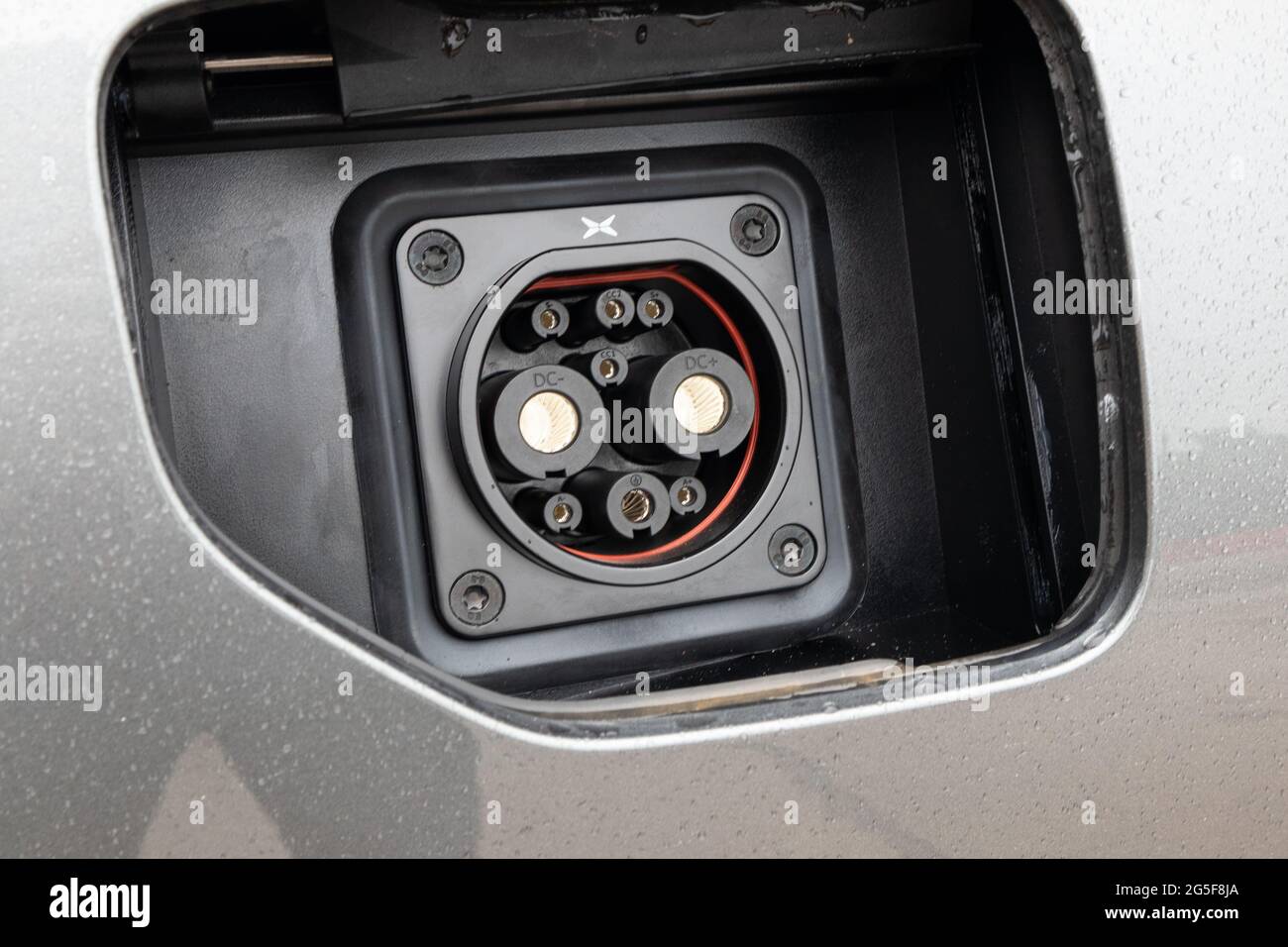 Hong Kong, China June 24, 2021 : XPeng P7 EV Charge Port June 24 2021 in Hong Kong. Stock Photo