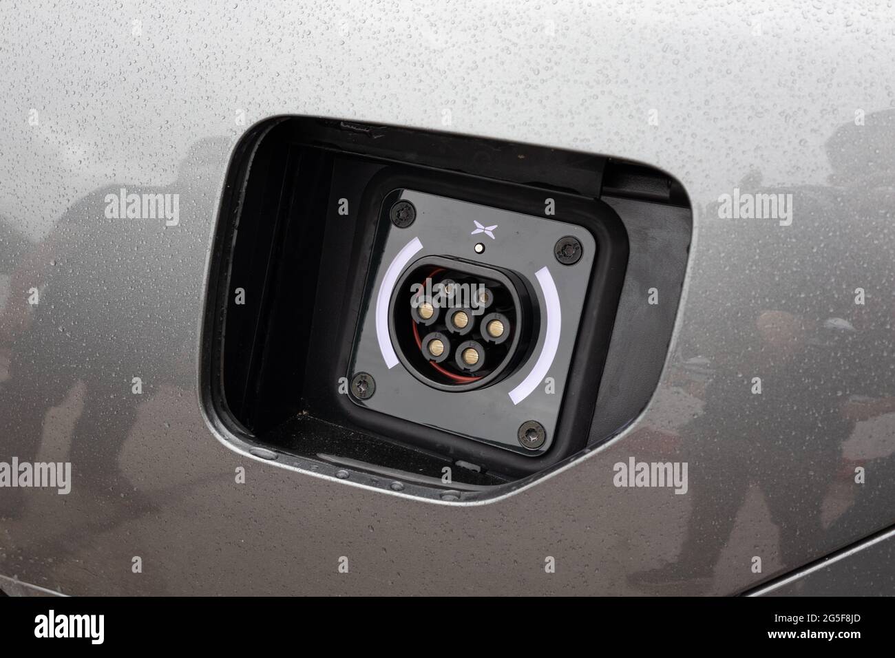 Hong Kong, China June 24, 2021 : XPeng P7 EV Charge Port June 24 2021 in Hong Kong. Stock Photo
