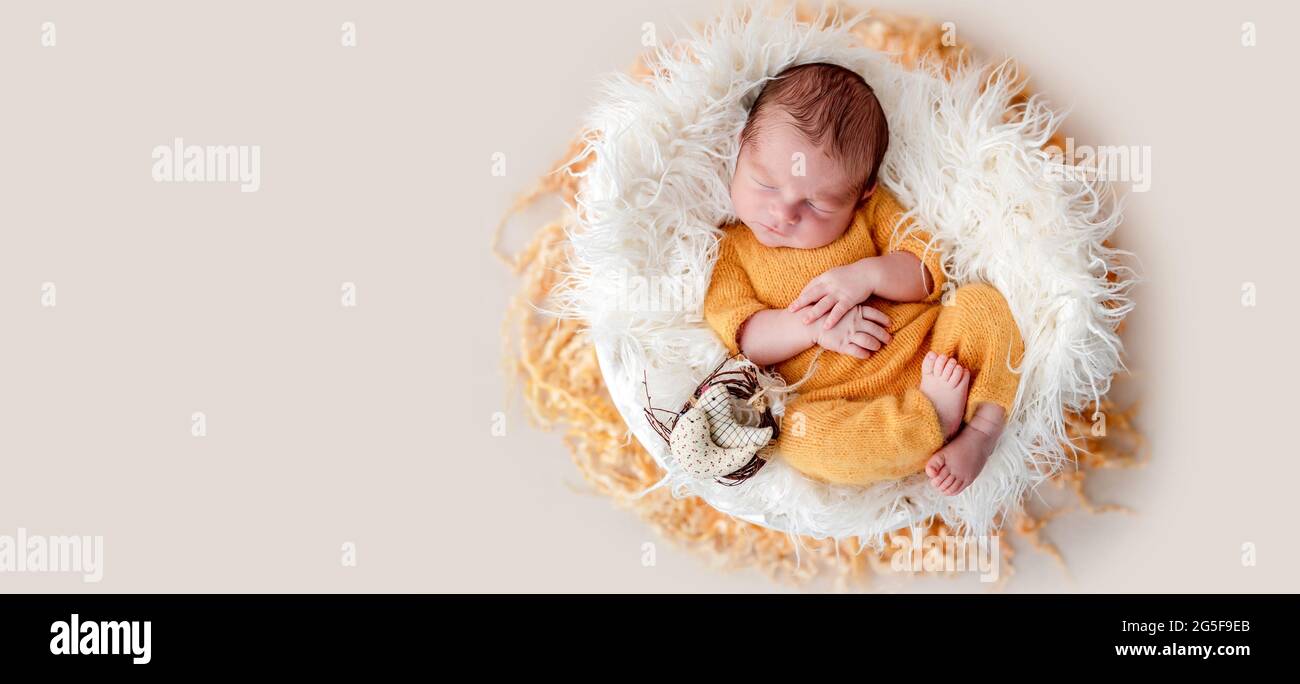Cute newborn lying in egg cradle Stock Photo
