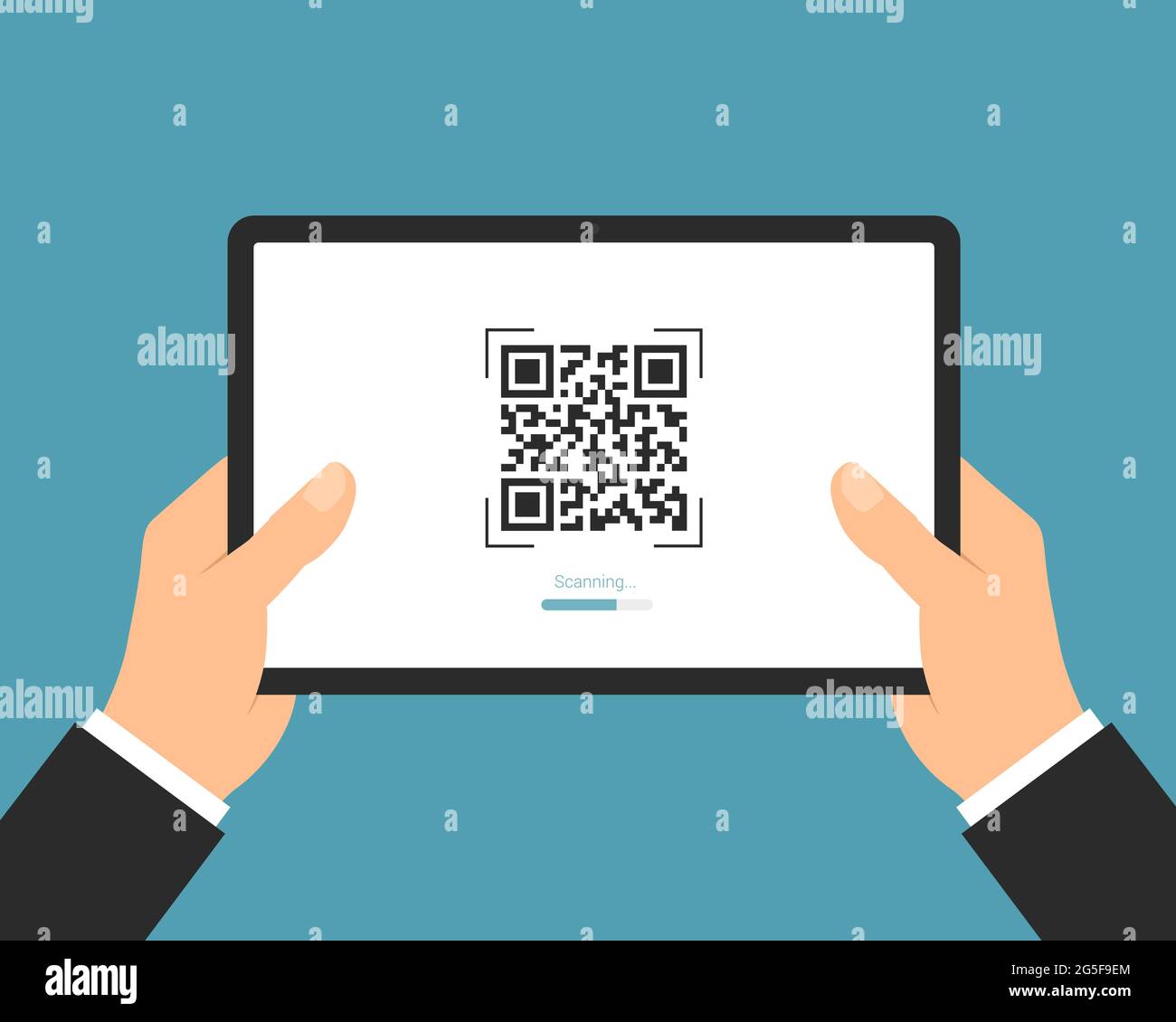 Flat design illustration of a manager's hand holding a digital tablet with a QR code scan. Suitable for internet banking or business - vector Stock Vector