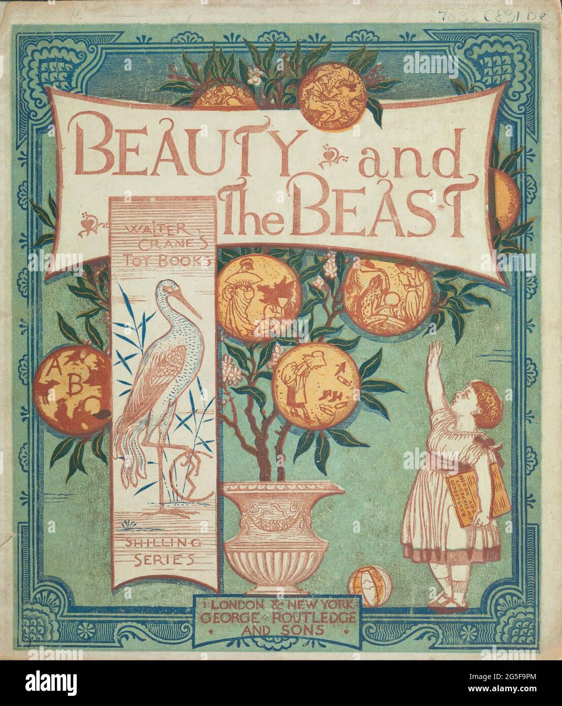 book cover of ' Beauty and the beast ' by Walter Crane, Edmund Evans, Published in London & New York by George Routledge and Sons in 1874. Beauty and the Beast (French: La Belle et la Bête) is a fairy tale written by French novelist Gabrielle-Suzanne Barbot de Villeneuve and published in 1740 in La Jeune Américaine et les contes marins (The Young American and Marine Tales). Its lengthy version was abridged, rewritten, and published by Jeanne-Marie Leprince de Beaumont in 1756 in Magasin des enfants (Children's Collection) to produce the version most commonly retold and later by Andrew Lang in Stock Photo