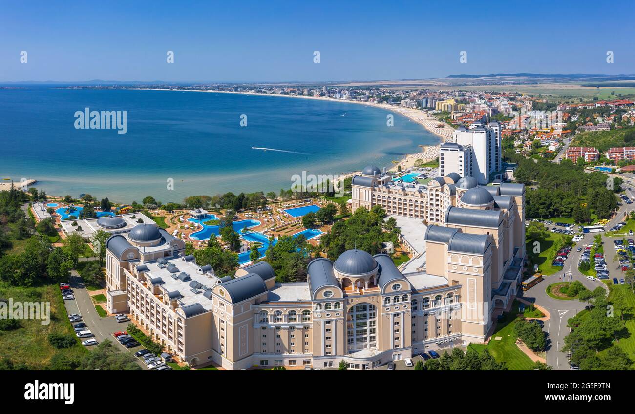 Aerial view to the sea resort Sunny Beach on the Bulgarian Blak Sea coast Stock Photo