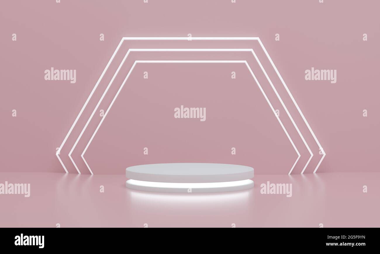 Cylinder podium with reflecting lights for product display with hexagonal wall pink background. Empty pedestal or platform. 3D Rendering. Stock Photo