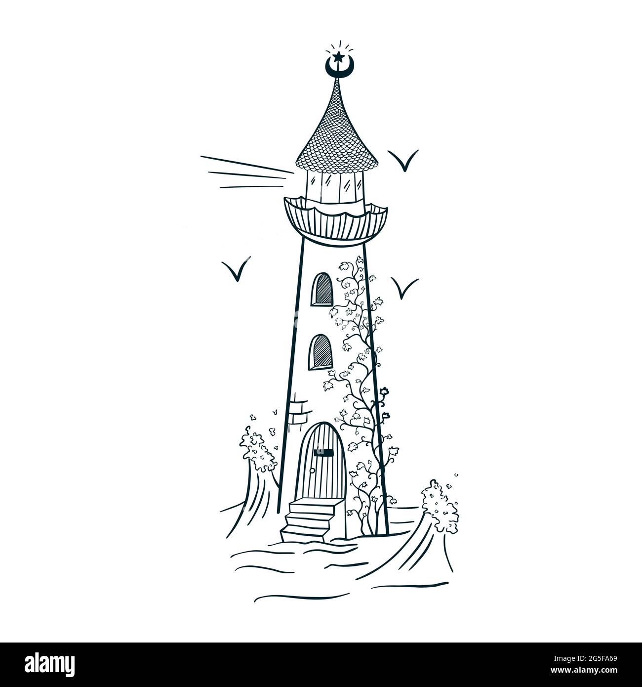 Lighthouse with Ivy Engraving Style Line Art. Hand drawn magic beacon isolated vector illustration for logo, tattoo, emblem, sticker, poster, t-shirt, template, print, textile Stock Vector