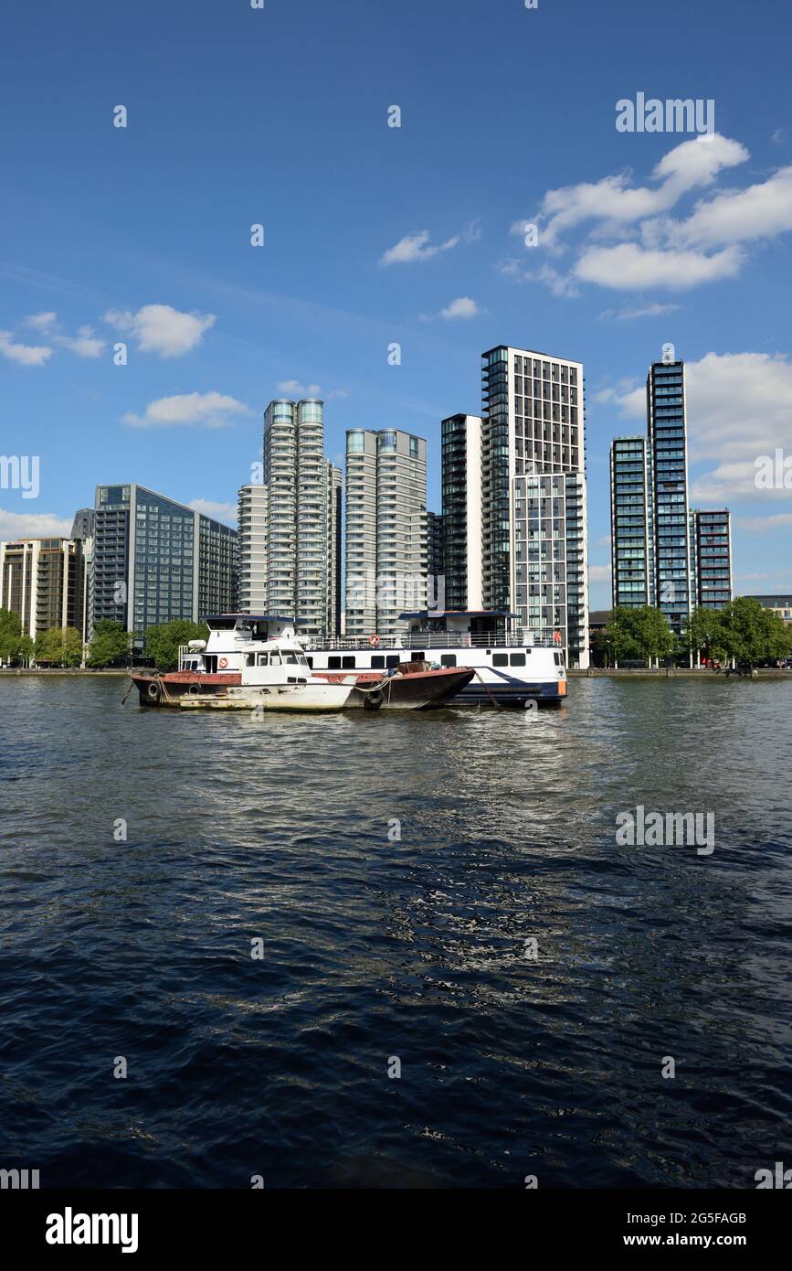 Thames river view of the South (Albert) embankment including the Corniche and Dumont, near Nine Elms and Vauxhall, London, United Kingdom Stock Photo