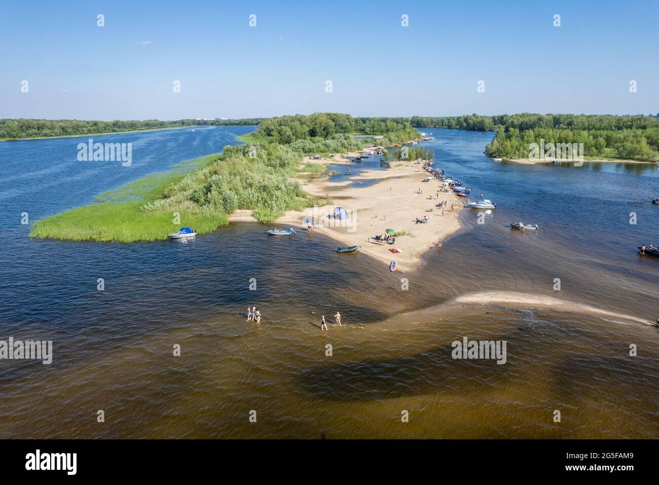 Summer recreation on river beach, aerial view Stock Photo