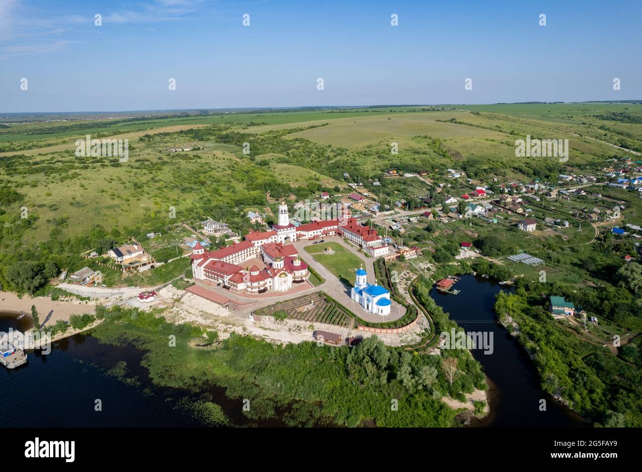 Holy Mother of God of Kazan Monastery in the village Vinnovka on Volga river, Samara Russia aerial view Stock Photo