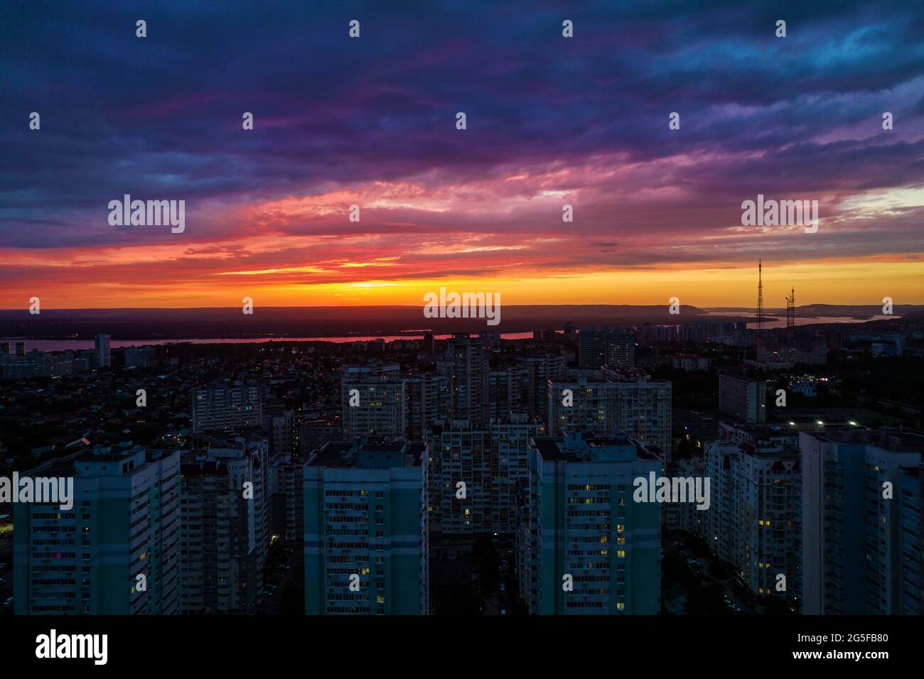 Aerial city night view, cityscape drone view of central city streets ...