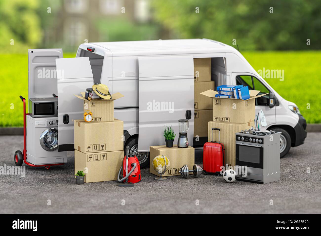 Delivery van full of household staff, boces and appliances. Moving to new  house and family relocation concept. 3d illustration Stock Photo - Alamy