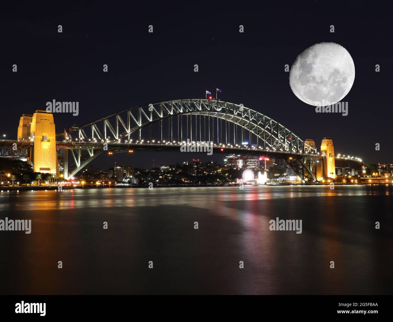Panorama view of Sydney Harbour at night with large full moon in the