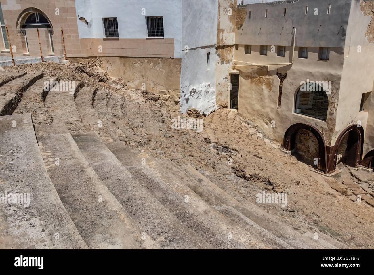 The Roman Theater of Cádiz. It was discovered in 1980 during excavations. It is the second largest theater in Roman Hispania, surpassed only by Córdob Stock Photo