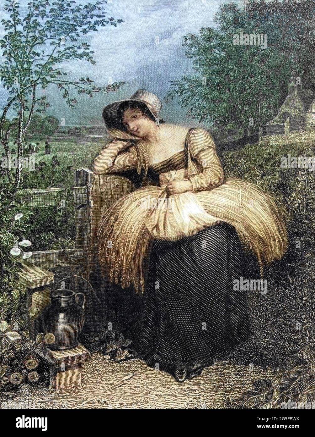 Machine colorised Country Girl illustrating the story ' On Love ' from The Keepsake of 1829. The Keepsake was an English literary annual which ran from 1828 to 1857, published each Christmas from 1827 to 1856, for perusal during the year of the title. Like other literary annuals, The Keepsake was an anthology of short fiction, poetry, essays, and engraved illustrations. It was a gift book designed to appeal to young women, and was distinctive for its binding of scarlet dress silk and the quality of its illustrations. Although the literature in The Keepsake and other annuals is often regarded a Stock Photo