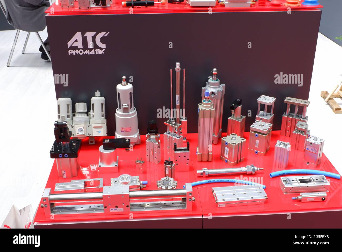 Pneumatic Machine Components at Exhibition Stock Photo